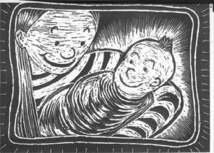 Drawing of a long-haired parent holding a baby in swaddling.